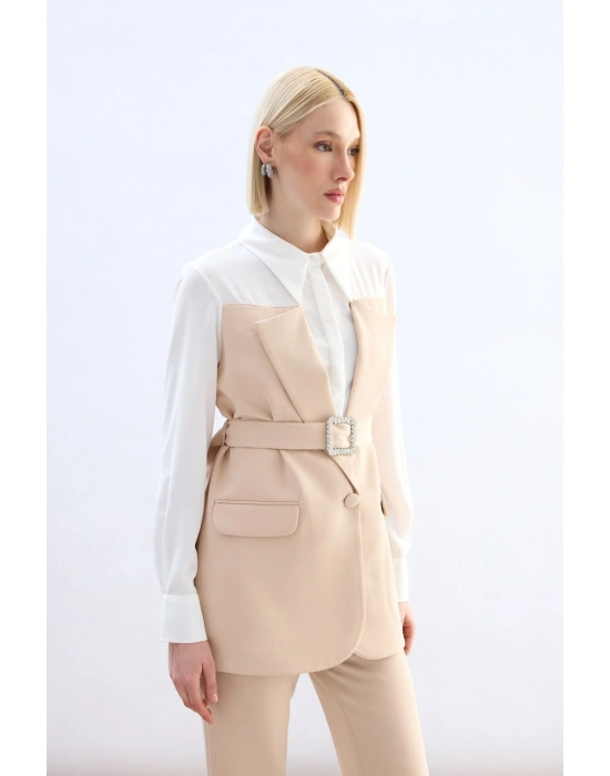 Ceket Görünümlü Gömlek - Bej