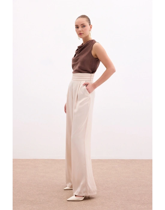Cepli Salaş Saten Pantolon - Bej