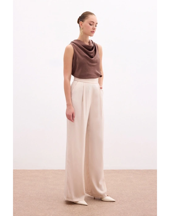 Cepli Salaş Saten Pantolon - Bej