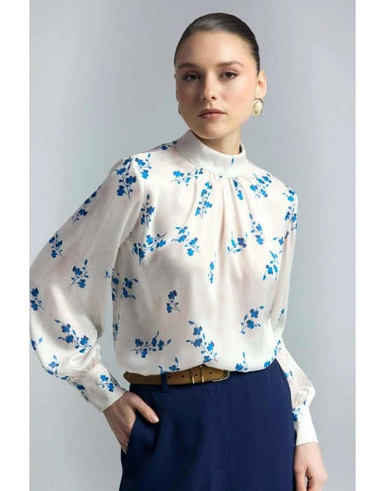 Çiçek Desenli Bluz - İndigo