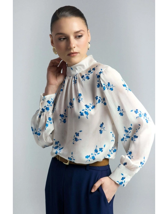 Çiçek Desenli Bluz - İndigo