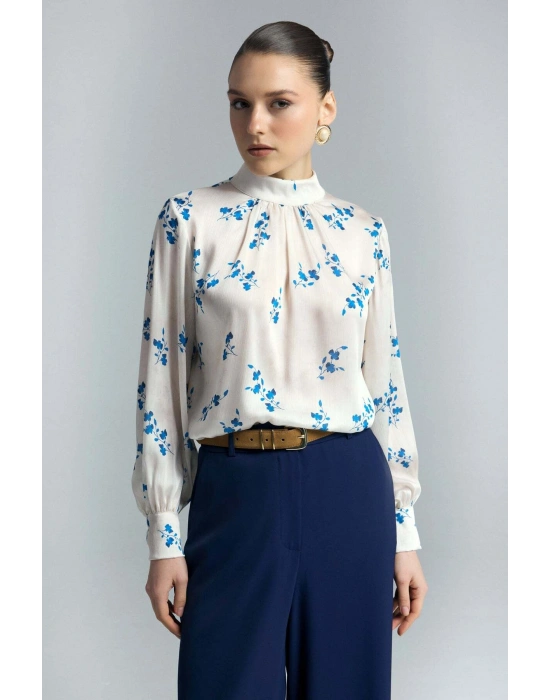 Çiçek Desenli Bluz - İndigo