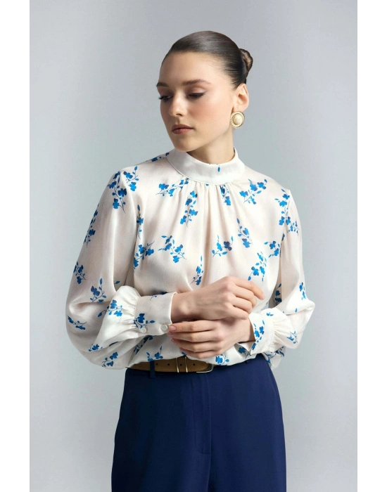Çiçek Desenli Bluz - İndigo