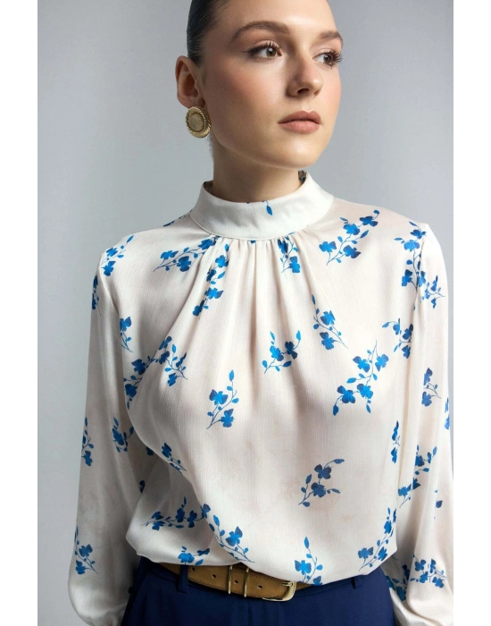 Çiçek Desenli Bluz - İndigo