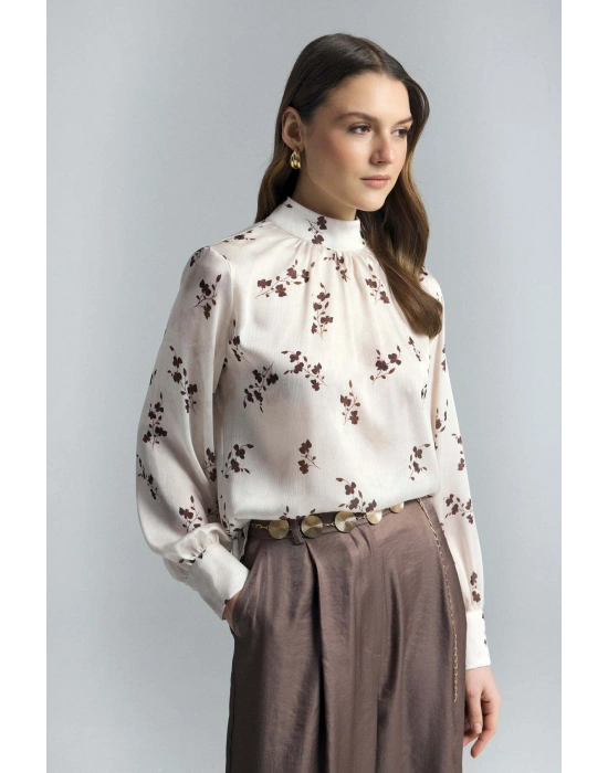 Çiçek Desenli Bluz - Kahve