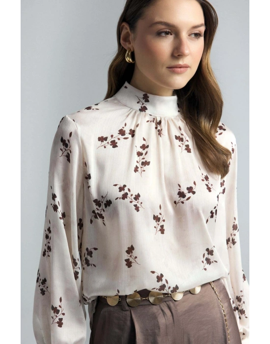 Çiçek Desenli Bluz - Kahve