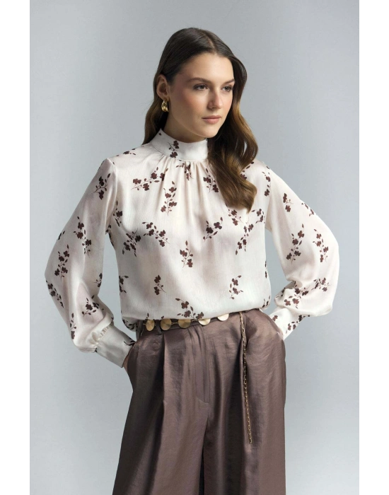 Çiçek Desenli Bluz - Kahve