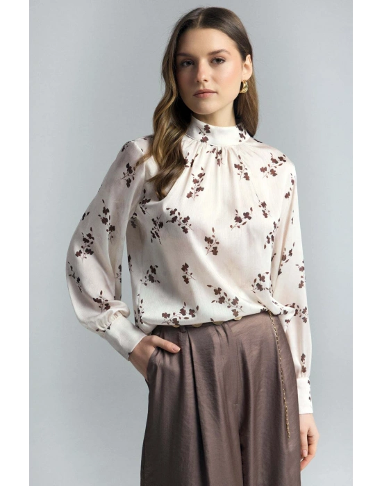 Çiçek Desenli Bluz - Kahve