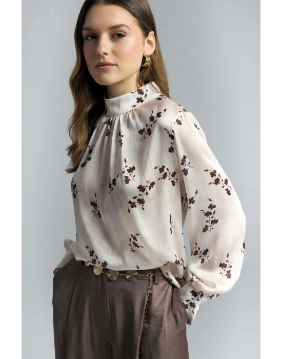 Çiçek Desenli Bluz - Kahve
