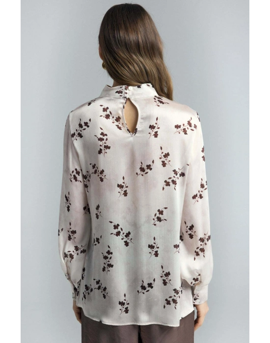 Çiçek Desenli Bluz - Kahve