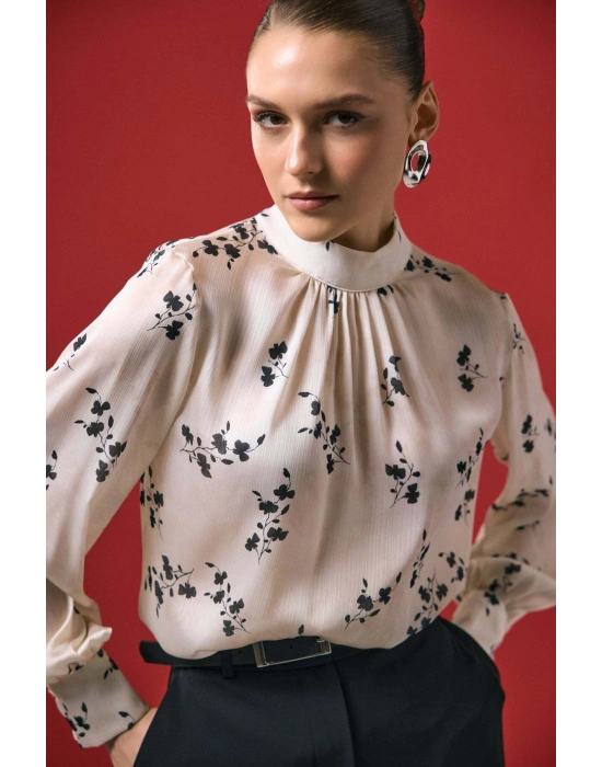 Çiçek Desenli Bluz - Siyah