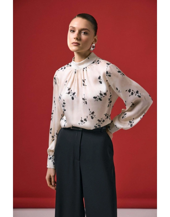 Çiçek Desenli Bluz - Siyah