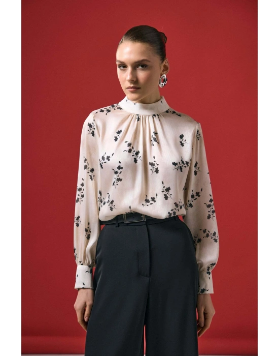 Çiçek Desenli Bluz - Siyah