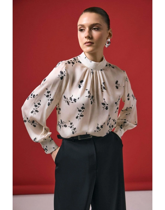 Çiçek Desenli Bluz - Siyah