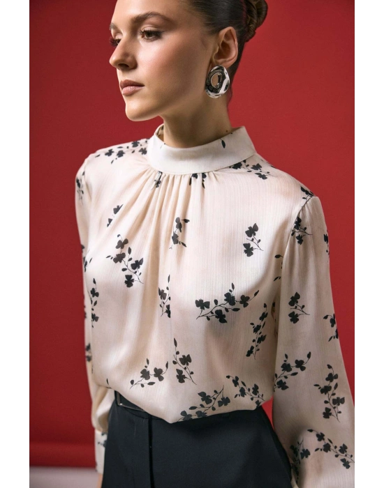 Çiçek Desenli Bluz - Siyah