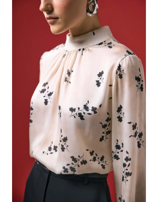 Çiçek Desenli Bluz - Siyah