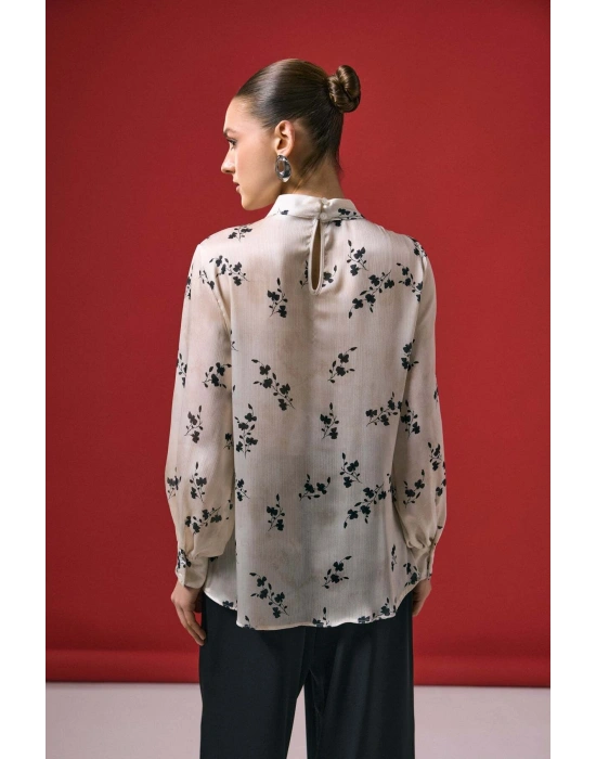 Çiçek Desenli Bluz - Siyah