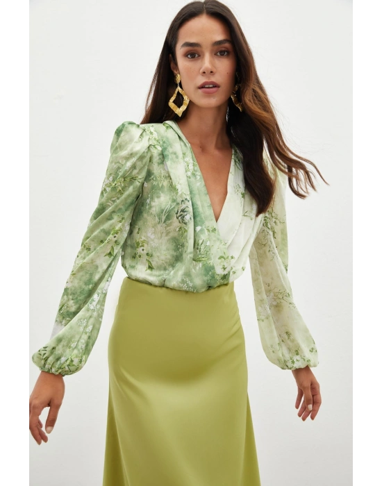 Çiçek Desenli Bodysuit Bluz - ÇAĞLA YEŞİLİ