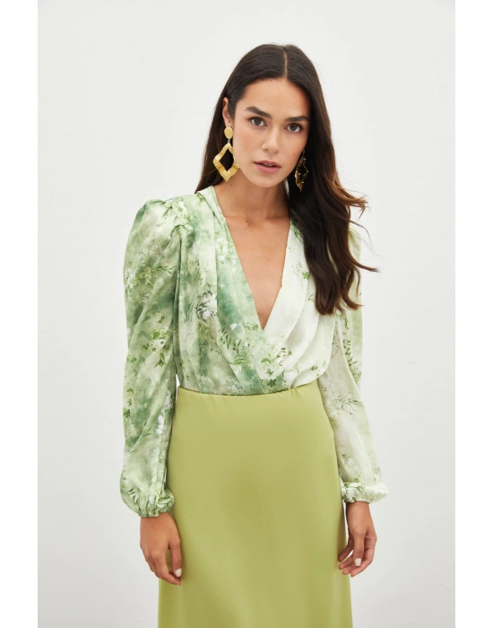 Çiçek Desenli Bodysuit Bluz - ÇAĞLA YEŞİLİ