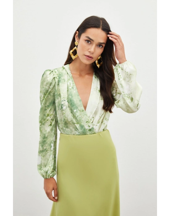 Çiçek Desenli Bodysuit Bluz - ÇAĞLA YEŞİLİ