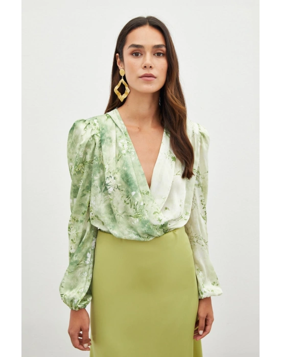Çiçek Desenli Bodysuit Bluz - ÇAĞLA YEŞİLİ