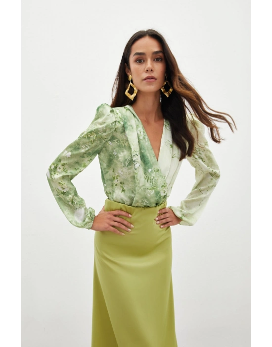 Çiçek Desenli Bodysuit Bluz - ÇAĞLA YEŞİLİ