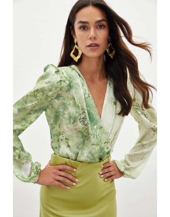 Çiçek Desenli Bodysuit Bluz - ÇAĞLA YEŞİLİ