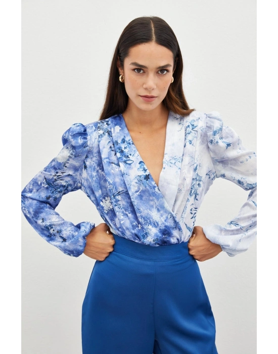 Çiçek Desenli Bodysuit Bluz - İNDİGO