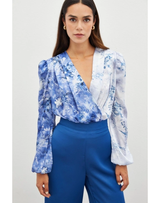 Çiçek Desenli Bodysuit Bluz - İNDİGO
