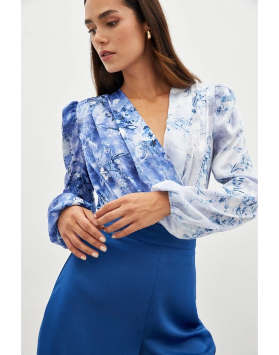 Çiçek Desenli Bodysuit Bluz - İNDİGO