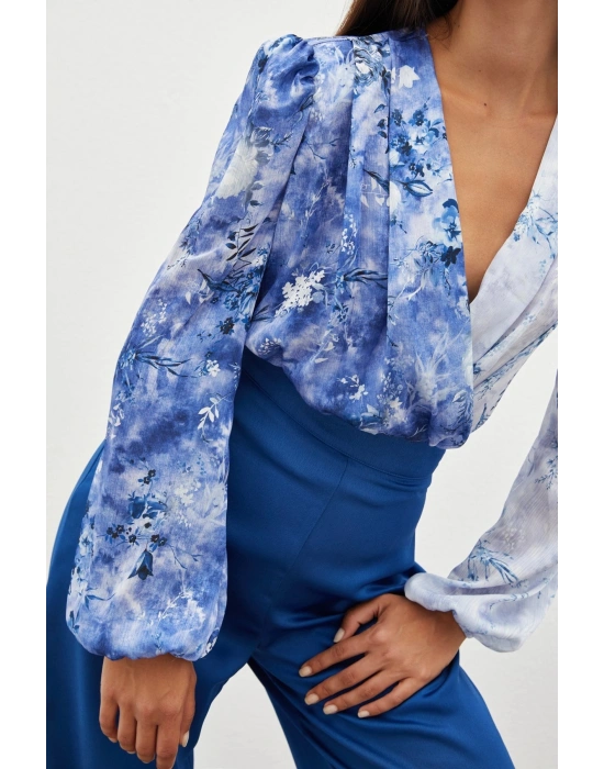 Çiçek Desenli Bodysuit Bluz - İNDİGO