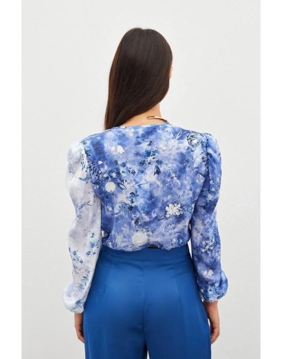 Çiçek Desenli Bodysuit Bluz - İNDİGO