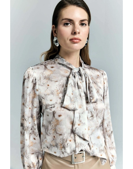 Çiçek Desenli Fularlı Gömlek - Bej