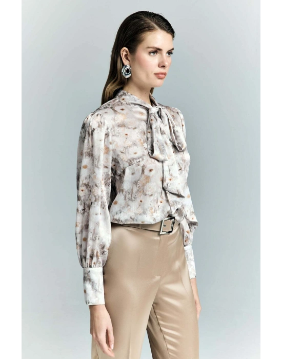 Çiçek Desenli Fularlı Gömlek - Bej