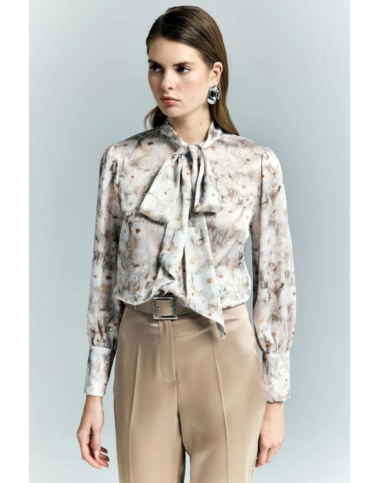 Çiçek Desenli Fularlı Gömlek - Bej