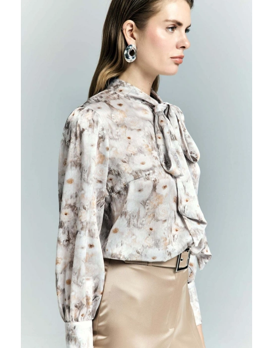 Çiçek Desenli Fularlı Gömlek - Bej