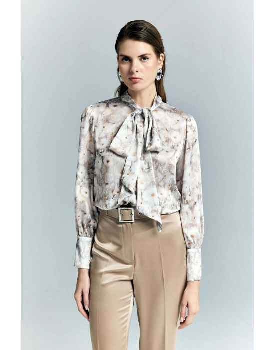 Çiçek Desenli Fularlı Gömlek - Bej