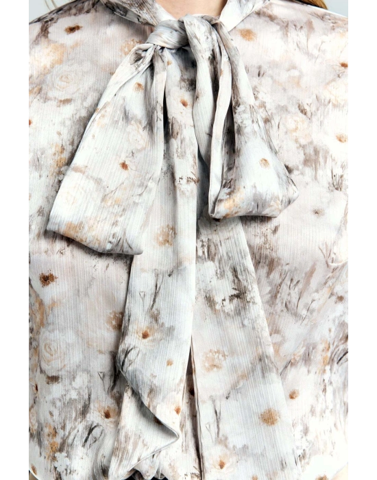 Çiçek Desenli Fularlı Gömlek - Bej