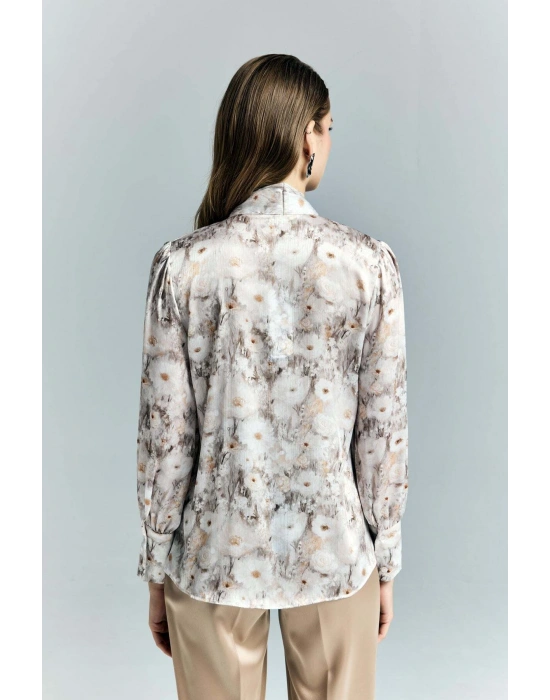 Çiçek Desenli Fularlı Gömlek - Bej