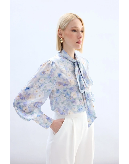 Çiçek Desenli Fularlı Gömlek - Lila