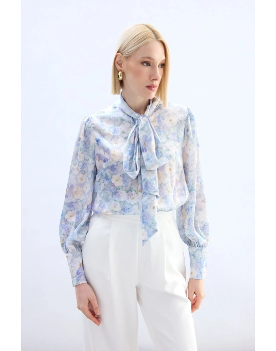 Çiçek Desenli Fularlı Gömlek - Lila