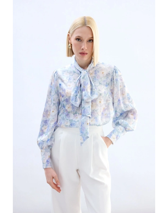 Çiçek Desenli Fularlı Gömlek - Lila