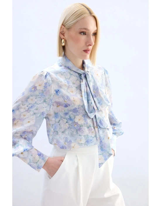 Çiçek Desenli Fularlı Gömlek - Lila