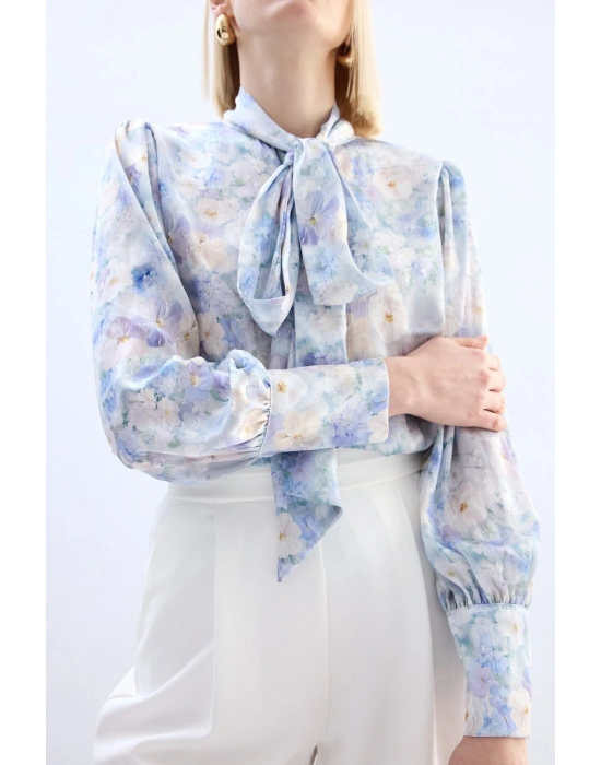 Çiçek Desenli Fularlı Gömlek - Lila