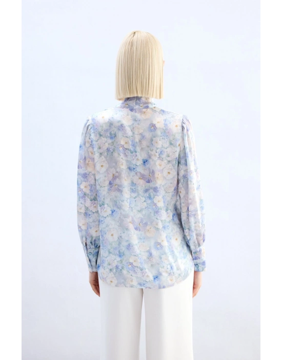 Çiçek Desenli Fularlı Gömlek - Lila