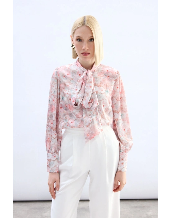 Çiçek Desenli Fularlı Gömlek - Pudra