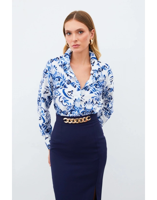 Çiçek Desenli Gömlek - SAX MAVİ