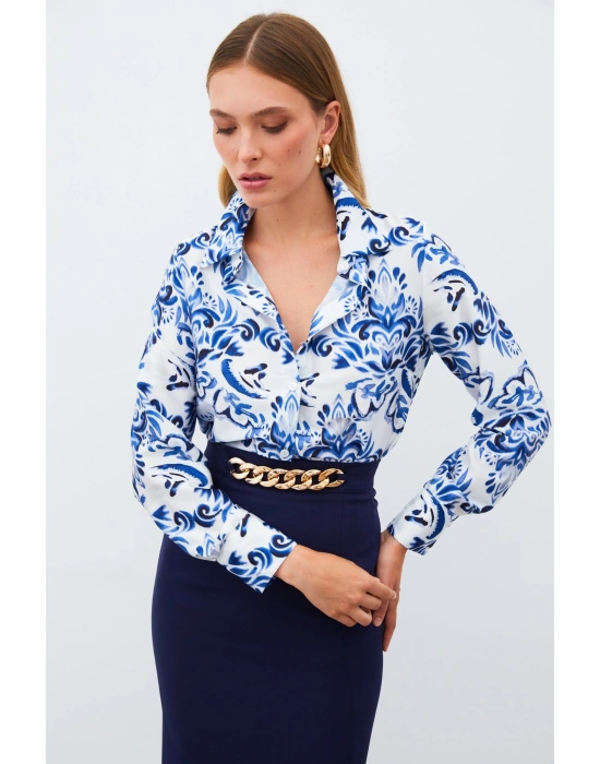 Çiçek Desenli Gömlek - SAX MAVİ