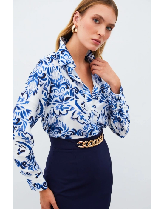 Çiçek Desenli Gömlek - SAX MAVİ