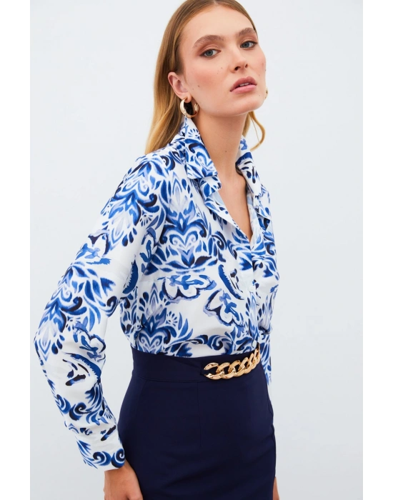 Çiçek Desenli Gömlek - SAX MAVİ